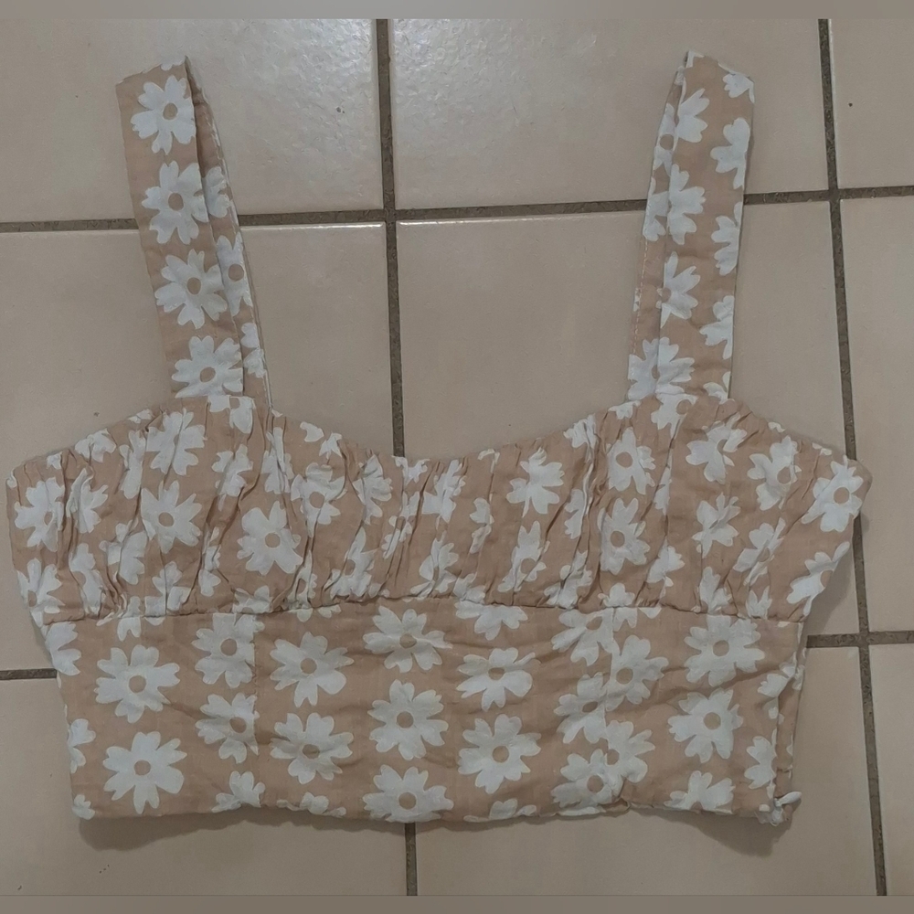 Princess Polly Daisy Print Tan Crop Top